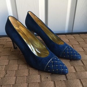 St John Blue Suede Gold Embellishments Hig…
